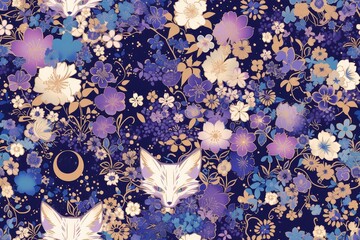 Neon purple, teal and pink celestial foxes with moons in their eyes pattern on a black background with neon blue flowers
