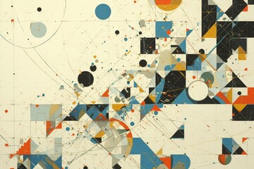painting depicting colorful abstract shapes, diagonal lines and curves, a geometric composition with various circles and squares and straight black lines