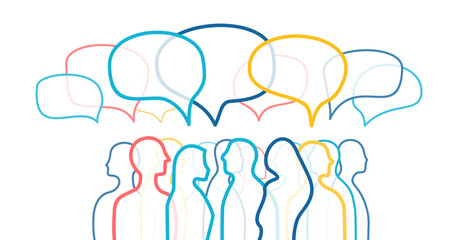Men and women group, speech bubble talk. People crowd voice, blogger panel. Message noise, Network connect Idea. Vector color line Abstract Background. Social Media communication, discussion concept.