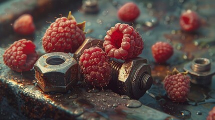 A bunch of raspberries and nuts are sitting on a metal surface, AI