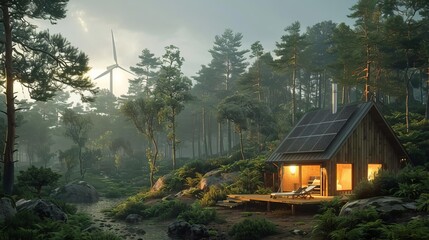 An offgrid cabin in a forest, powered entirely by a small solar panel array and a wind turbine