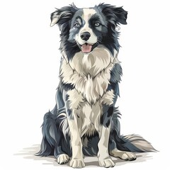 Blue-eyed border collie sitting in cartoon sketch style on white background, full-length portrait