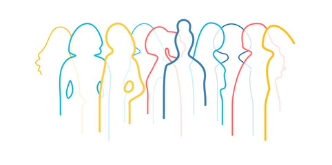 People stand together. Color thin line vector. Abstract flat illustration. International women faces, body silhouettes group. Different young age girls background. World woman day, diversity concept
