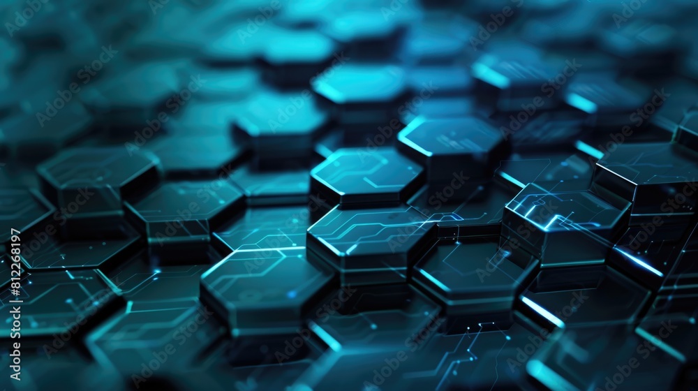 Poster a sleek abstract pc wallpaper with interlocking hexagonal patterns in a gradient of teal to dark blu