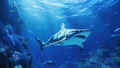 Fototapeta premium The great White Shark in the ocean, portrait of White shark hunting prey in the underwater