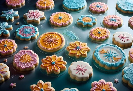 national sugar cookie day with a lot of sugar cookies with different types and tastes are holding in plates on a table with luxrious background