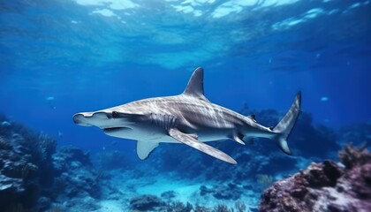 Naklejka premium The great White Shark in the ocean, portrait of White shark hunting prey in the underwater