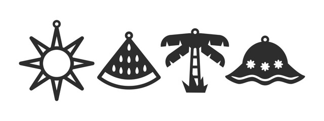 Set of summer beach designs for earrings, pendant or keychain. Jewelry silhouette cut template. Laser cutting with leather, wood or metal. Vector stencils of sun, watermelon, palm and panama hat