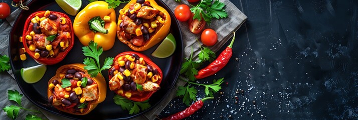 Southwest chicken stuffed peppers with black beans and corn, top view horizontal food banner with copy space