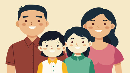 asian happy family dad mom daughter and son tog cartoon vector illustration