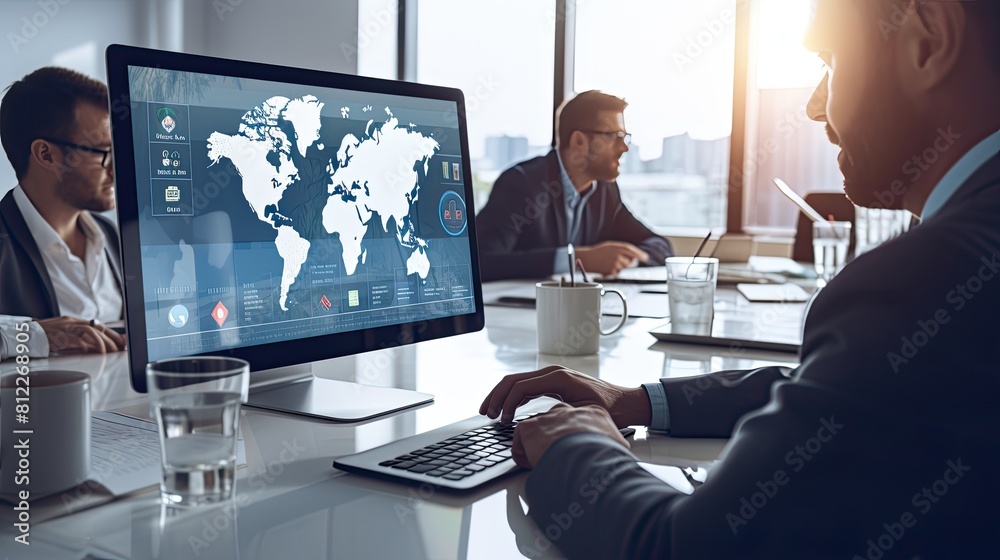 Fototapete businessman in suit using laptop with world map background, man in suit typing on laptop displaying 