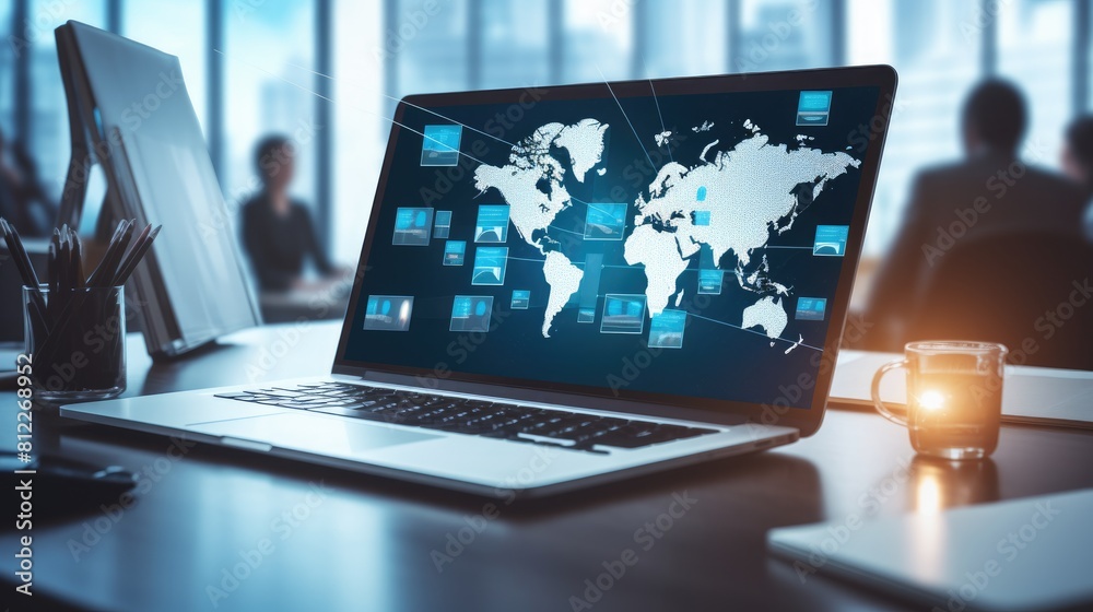 Aufkleber businessman in suit using laptop with world map background, man in suit typing on laptop displaying 