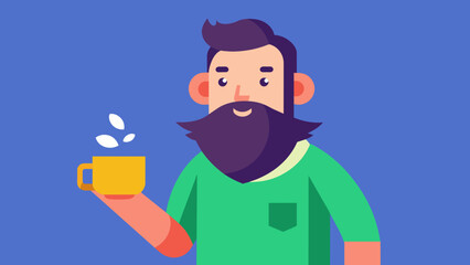 bearded man is holding a cup of tea cartoon vector illustration