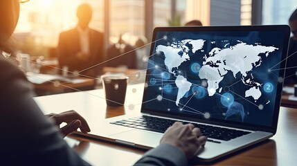 Businessman in suit using laptop with world map background, Man in suit typing on laptop displaying global map.