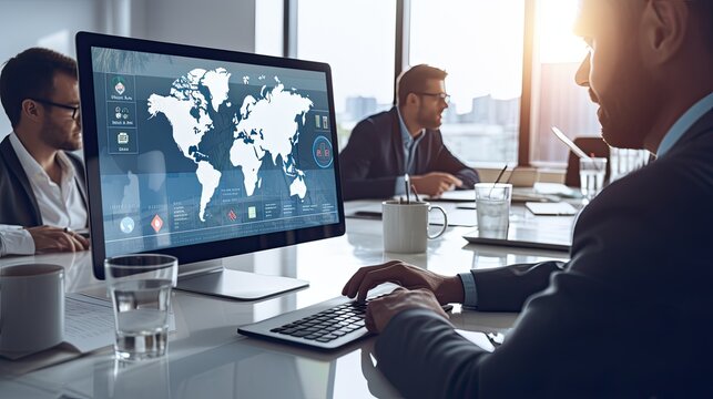 Businessman in suit using laptop with world map background, Man in suit typing on laptop displaying global map. - Powered by Adobe