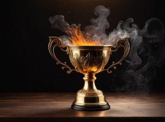 Trophy cup with smoke and fire on a dark background
