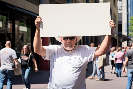 A man holding up a blank sign on a busy street corner, Person standing in urban setting with empty sign raised.