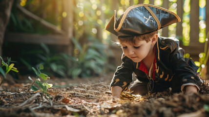 Child in pirate costume playing treasure hunt outdoors, imaginative play nature