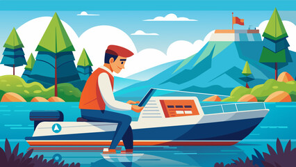 boat trip recreation the man controls the boat cartoon vector illustration