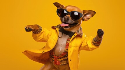 Obraz na płótnie Canvas Stylish dog rocking sunglasses and a jacket on yellow background, Cool canine sporting shades and a jacket against yellow backdrop.
