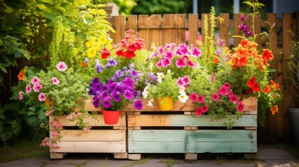 Beautiful different color flowers in pots on wooden pallet