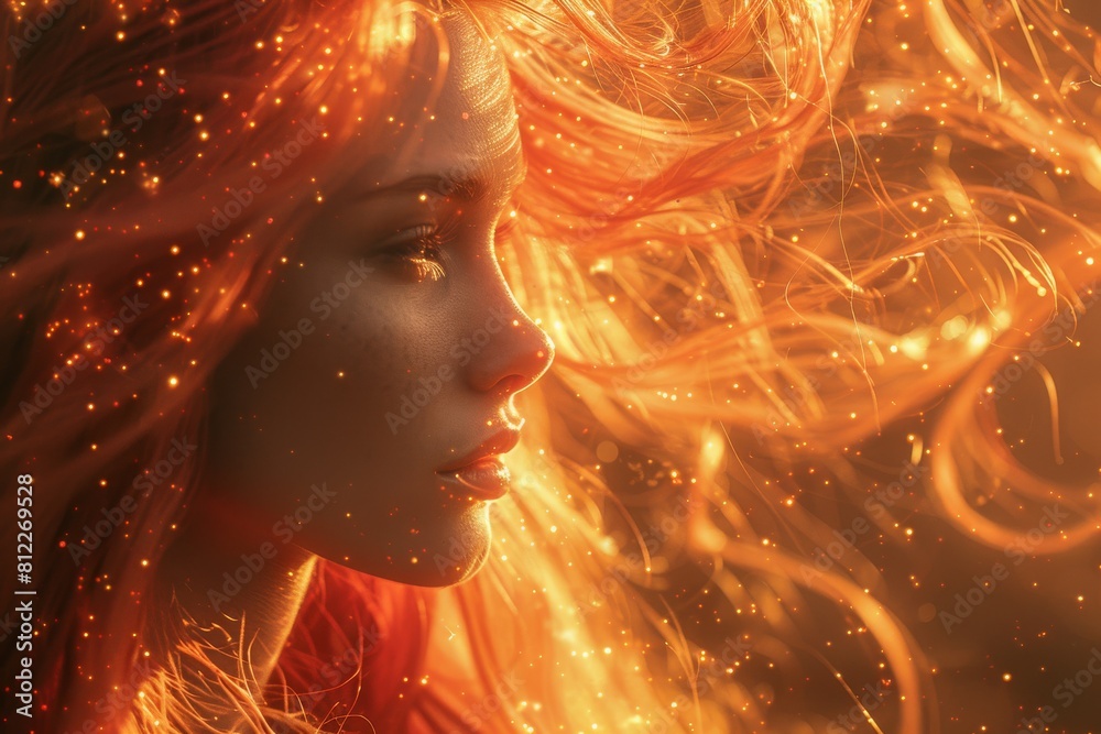 Poster an animated scene with swirling fiery elements and floating particles creating a dynamic abstract im