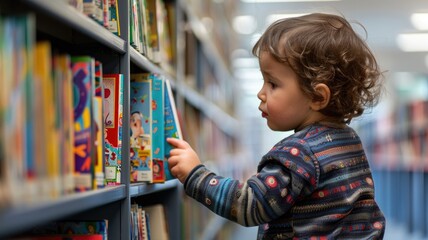 Toddler selecting book from library shelf, focus on exploration and learning