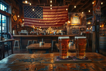 Two glasses of beer on a bar table with the U.S. flag displayed in the background, evoking a patriotic atmosphere.