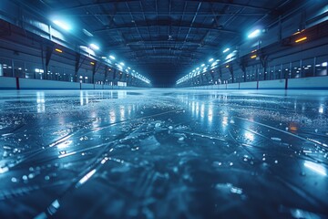 Blue gleaming indoor ice rink surface with water drops and reflections