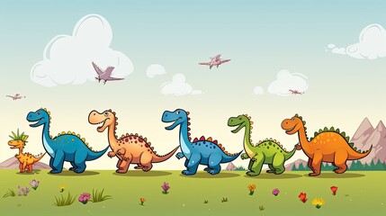 Naklejka premium A playful group of cartoon dinosaurs strolling in a lush field, Colorful cartoon dinosaurs marching through a green landscape.
