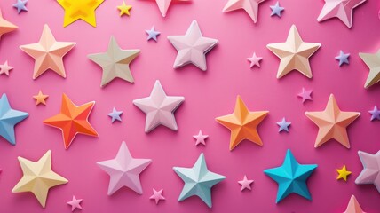 Fototapeta premium Assorted colorful paper stars scattered on pink background