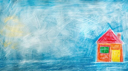 Child's crayon drawing of colorful house on blue background