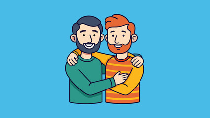 concept of male friendship two guys hug cartoon vector illustration