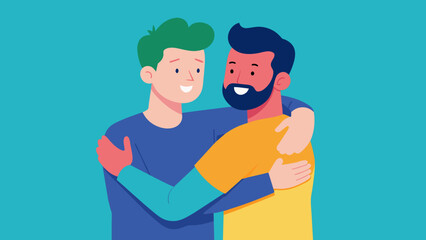 concept of male friendship two guys hug cartoon vector illustration