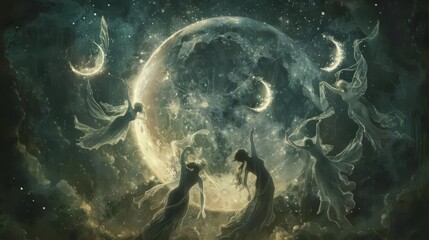 A crescent moon surrounded by a ring of fairies dancing, their wings shimmering in the moonlight
