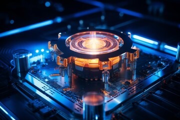 Glowing quantum computer processor purple light atomic machine board, Purple illuminated machine mechanism.