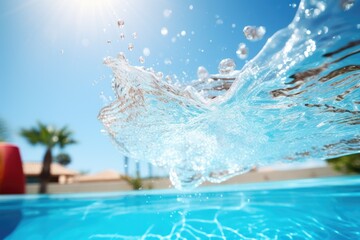 Water splash on swimming pool summer time, Clear sun with clean sky and fresh water splash