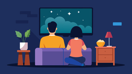 couple of young people watching tv man and woman cartoon vector illustration