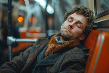 A person is sitting in a subway train, focused on their woolen scarf and plaid coat in a detailed shot