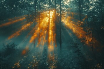 Sunlight illuminates the mist in a dense forest, casting stunning rays and creating a mystical atmosphere