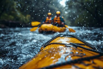 Fototapeta premium Dynamic perspective of the front of a yellow kayak with rain droplets battling down a rough river, two kayakers in the background