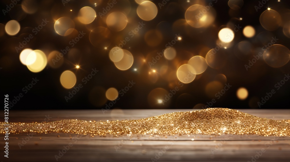 Aufkleber shimmering gold glitter on rustic wood with soft bokeh lights, elegant golden sparkle on wooden surf