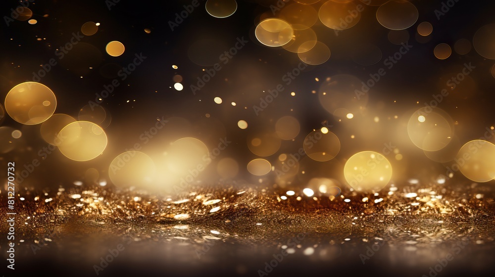 Poster shimmering gold glitter on rustic wood with soft bokeh lights, elegant golden sparkle on wooden surf