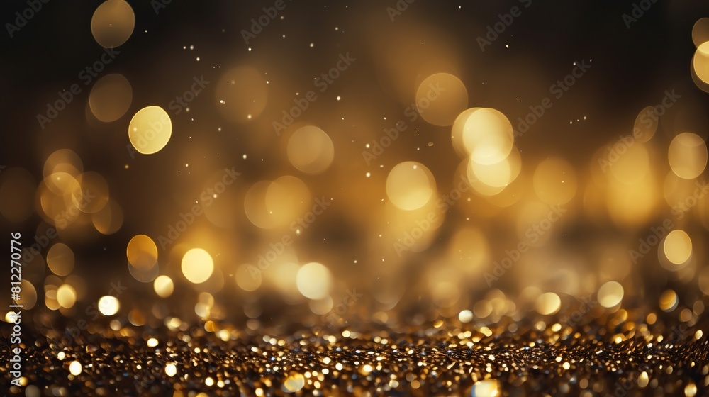 Poster shimmering gold glitter on rustic wood with soft bokeh lights, elegant golden sparkle on wooden surf