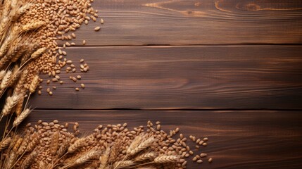 Beautiful wooden background with grain elements at the bottom with space for text or inscriptions, top view.Cereal on a wooden table