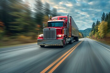 A red semi truck with motion blur effect moves swiftly on a forest-lined highway, eluding rapid...