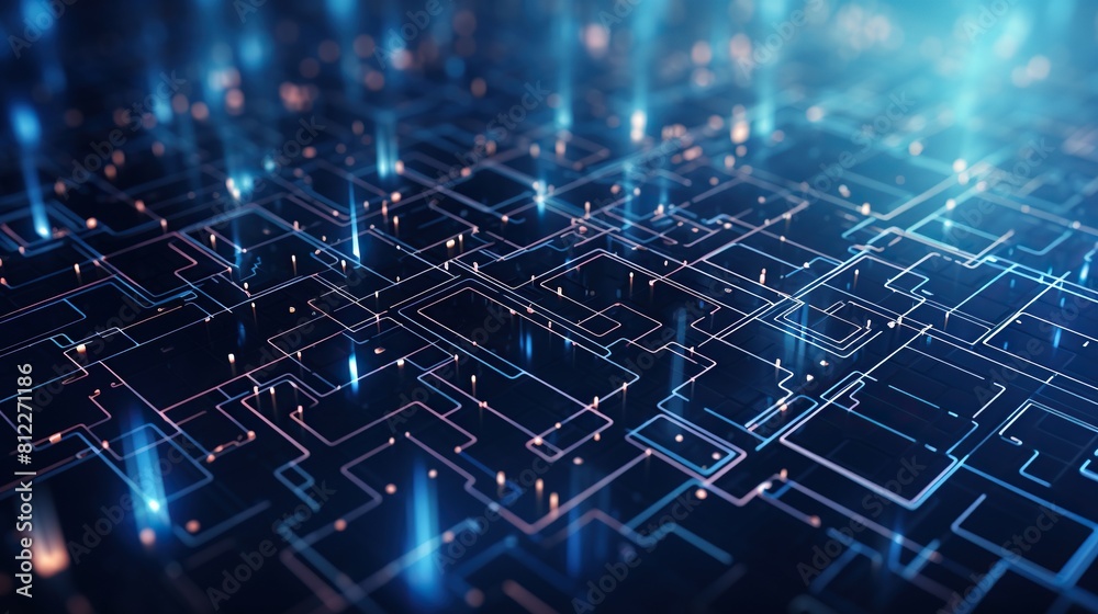Poster 3D rendering of a circuit board with glowing lights, perfect for technology or innovation concepts.