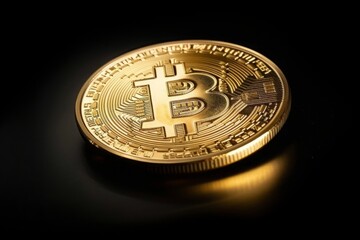 Bitcoin cryptocurrency, virtual money, blockchain technology. Golden coins on black background