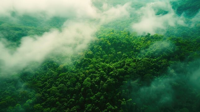 Behold the breathtaking aerial vista of a dense emerald forest shrouded in ethereal misty clouds This lush ecosystem embodies the essence of rainforest conservation and the rejuvenating bea
