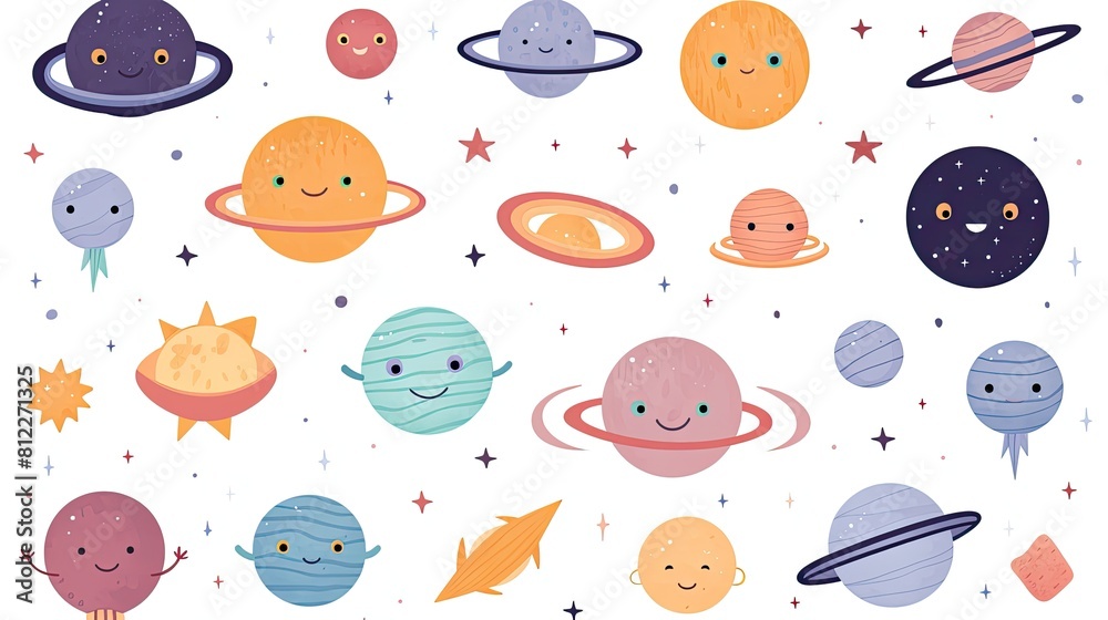 Poster pattern featuring colorful planets and stars on a dark background, perfect for space enthusiasts.